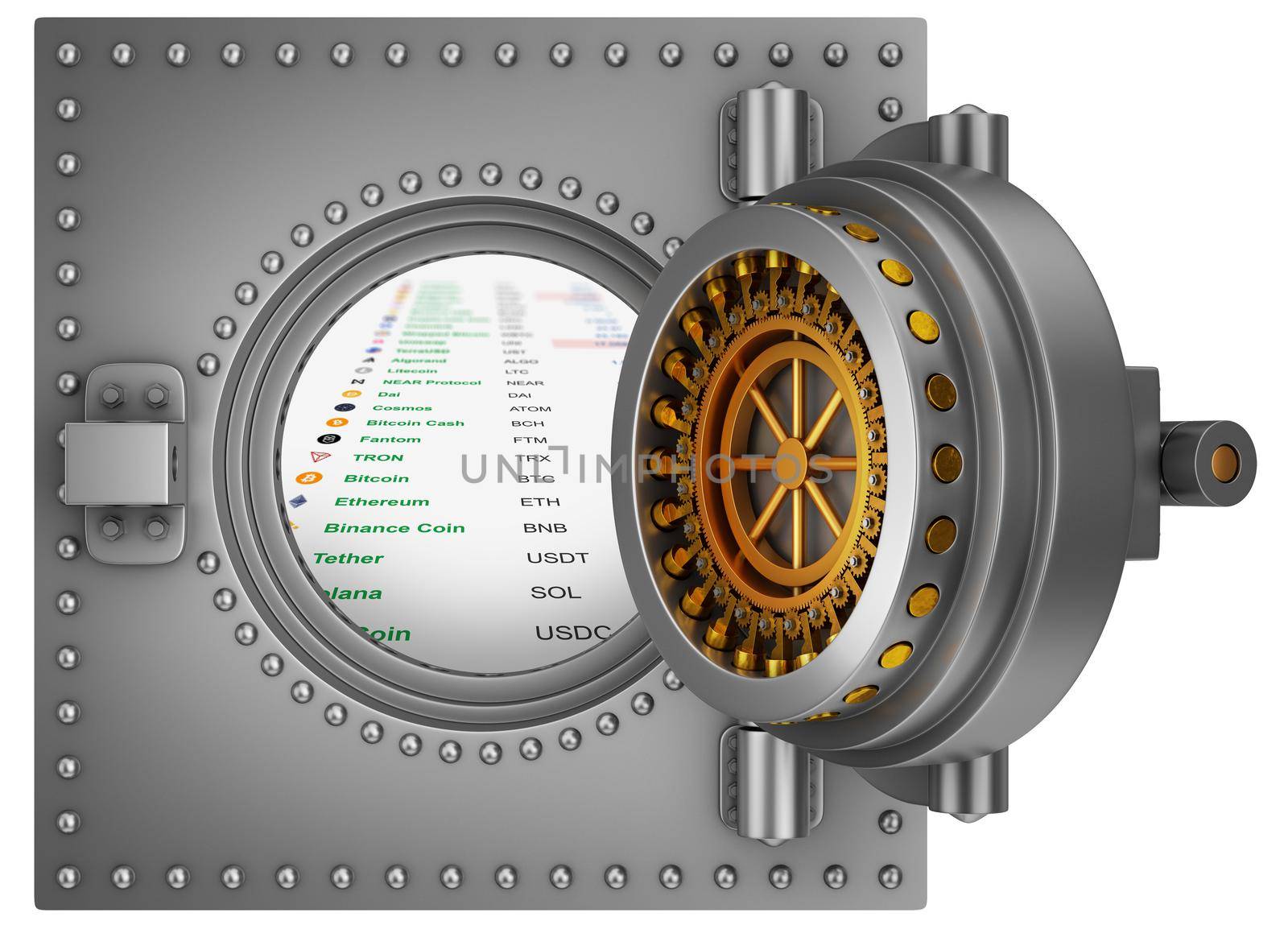 A steel bank safe with an open strong round door inside which a cryptocurrency exchange. 3d render.