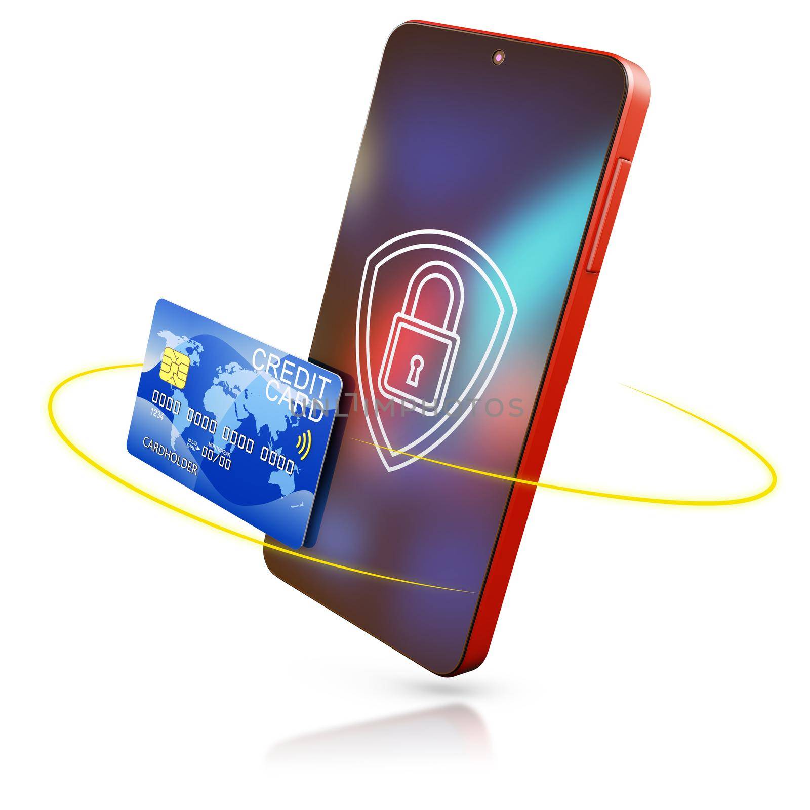 smartphone with a lock on the screen next to a bank card. 3d render.