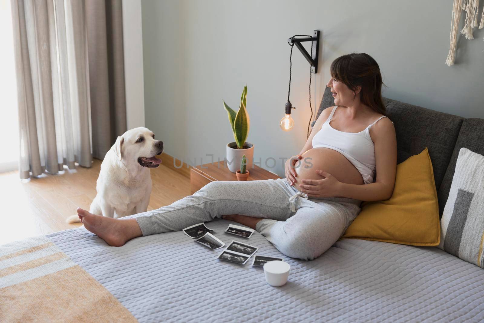 Woman telling the dog that he is going have a brother by Iko