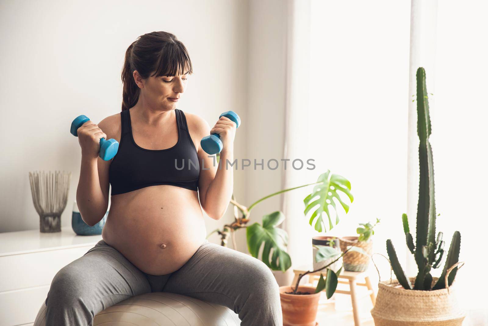 Pregnant woman working out with dumbbells doing strength exercises on a fitball at home. Keeping in good shape while waiting for baby