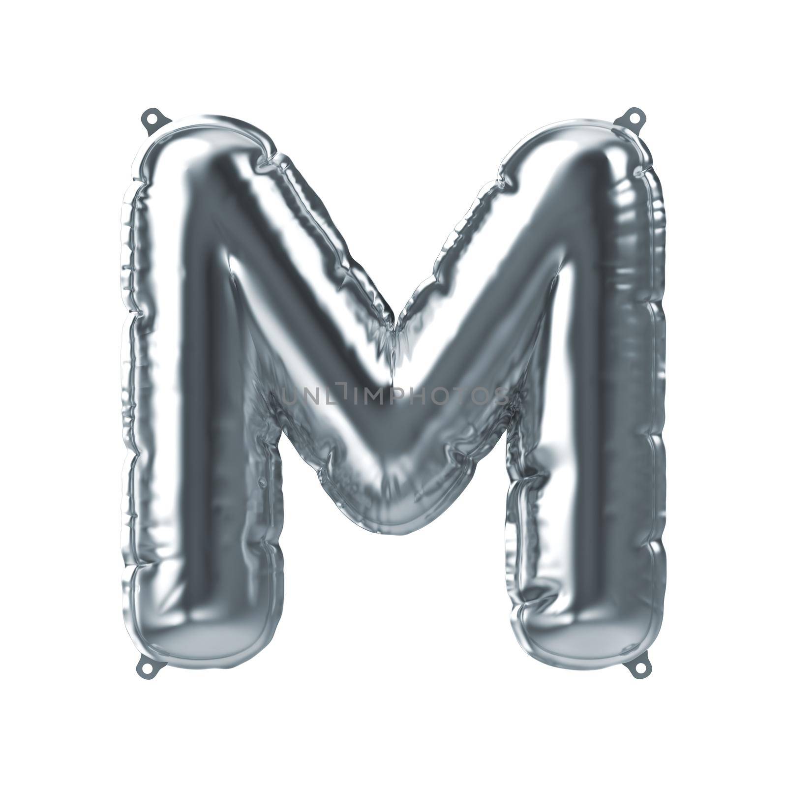 3D Render of silver inflatable foil balloon letter M. Party decoration element. Gray character isolated on white background. New year celebration postcard part. Graphic element sign for web design