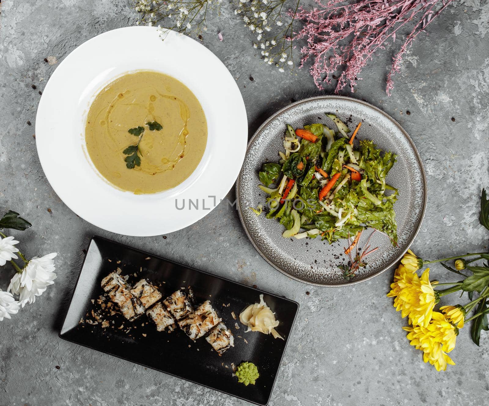 Three-course set menu for a nutritious healthy lunch in a restaurant, Three course set on a table in a business lunch, food set lunch. kremsup sushi salad by UcheaD