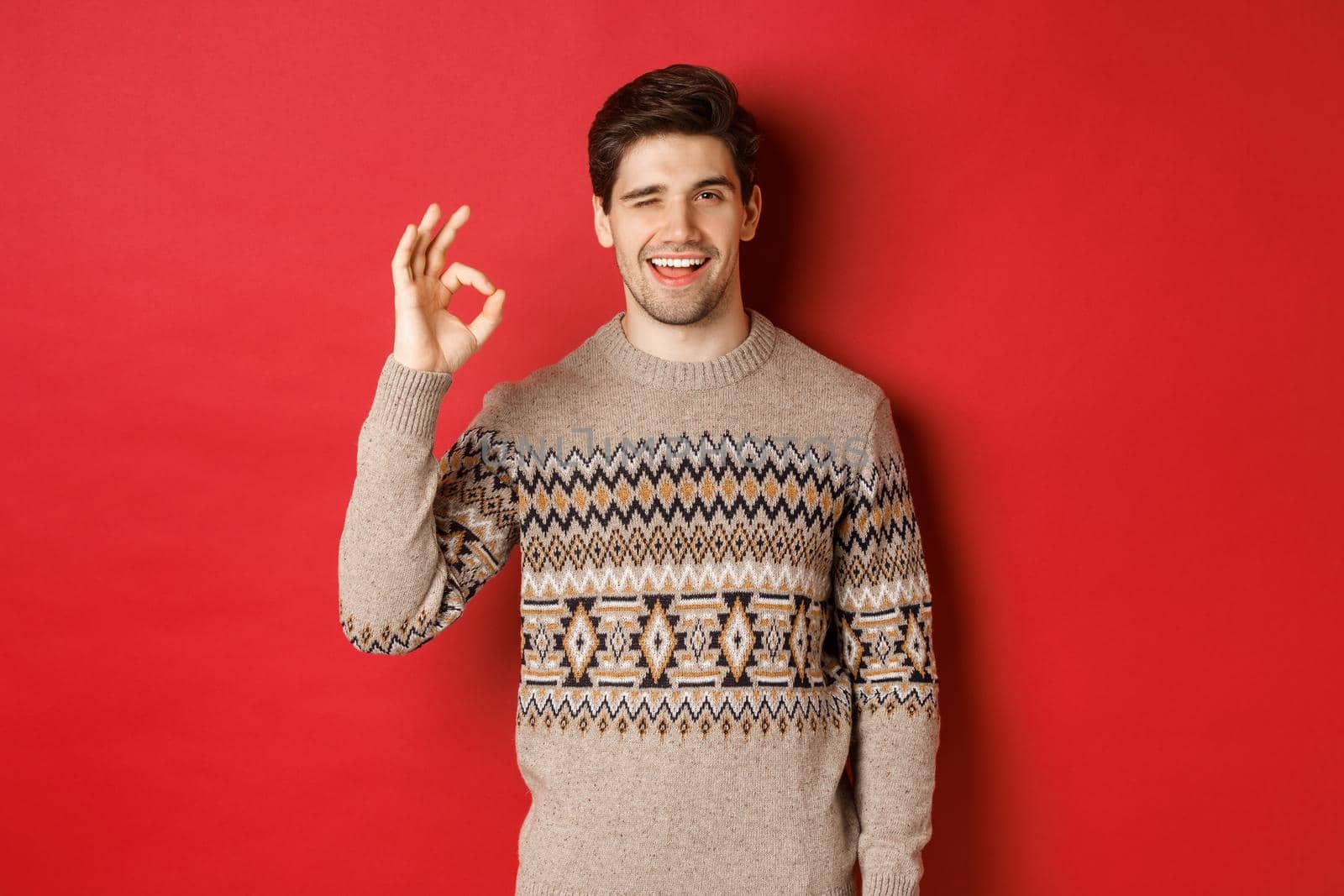Concept of christmas celebration, winter holidays and lifestyle. Image of handsome and confident man in xmas sweater, guarantee something, showing okay sign and smiling, red background by Benzoix