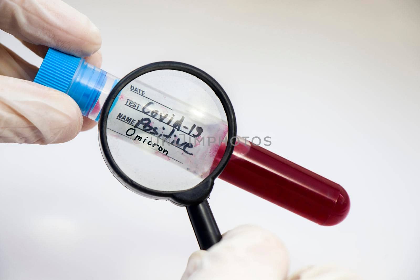 Magnifying glass and human hands with glove, looking and research Omicorn. Corona virus variation