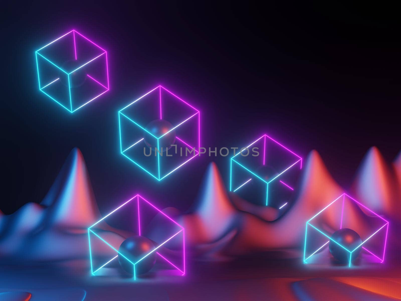 3d render of RGB neon light on darkness background. Abstract Laser lines show at night. Ultraviolet spectrum beam scene for mock up and web banner.