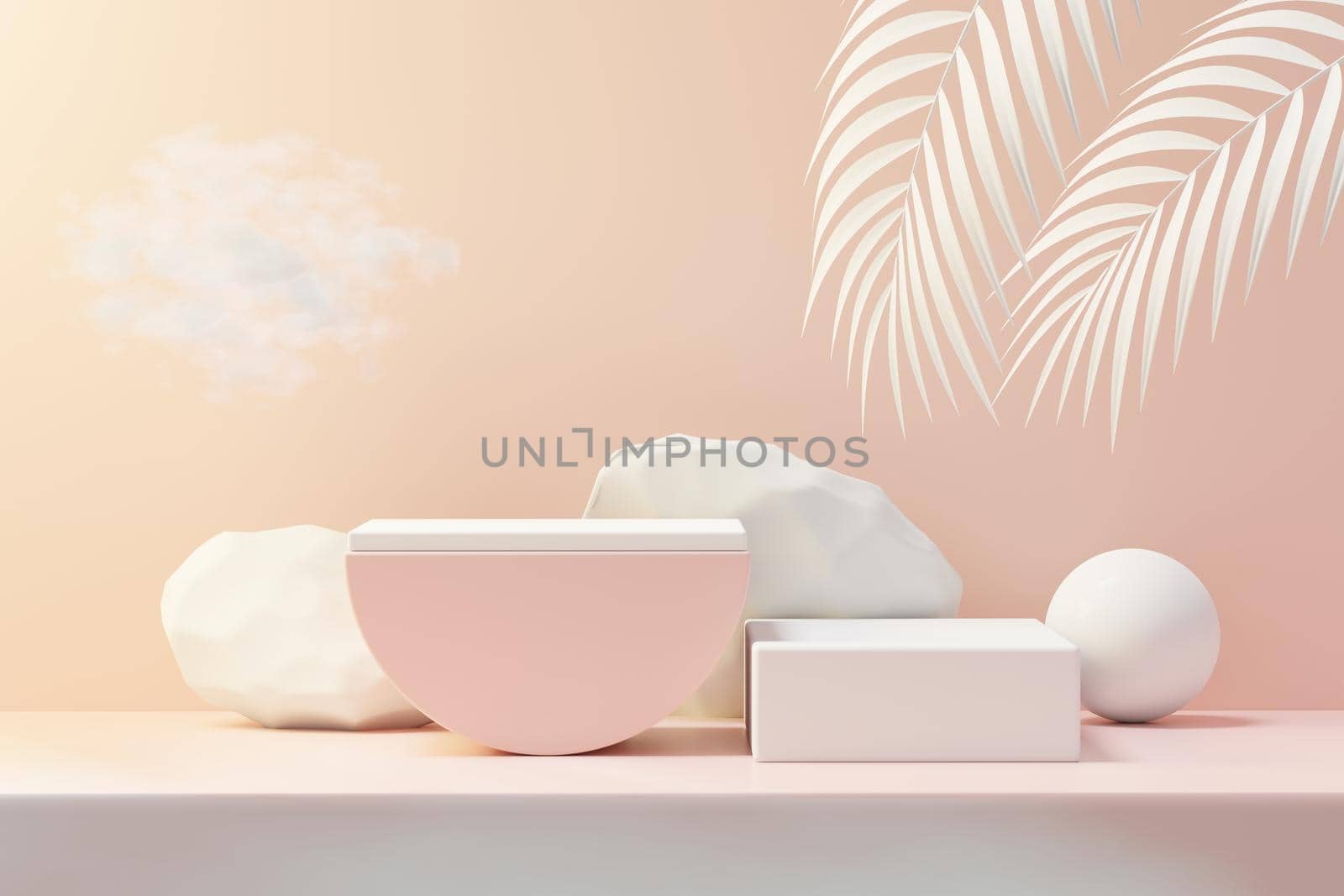 3d render of abstract pedestal podium display with Tropical leaves and coral pink pastel plant scene. Product and promotion concept for advertising. Blue pastel natural background. by tanatpon13p