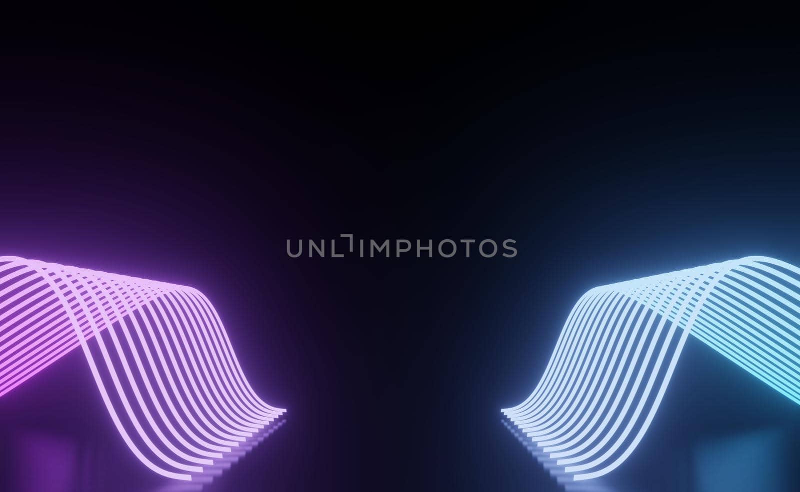 3d render of RGB neon light on darkness background. Abstract Laser lines show at night. Ultraviolet spectrum beam scene for mock up and web banner.