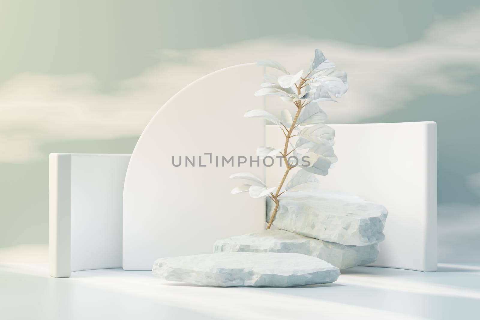 3d render of abstract pedestal podium display with Tropical leaves and Blue sky clouds pastel and plant scene. Product and promotion concept for advertising. Blue pastel natural background.