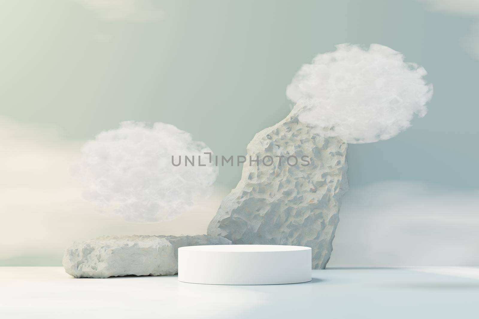 3d illustration luxury premium pedestal product display with abstract geometric shapes and fluffy cloud. Minimal blue sky and clouds scene for present product promotion and beauty cosmetics. by tanatpon13p