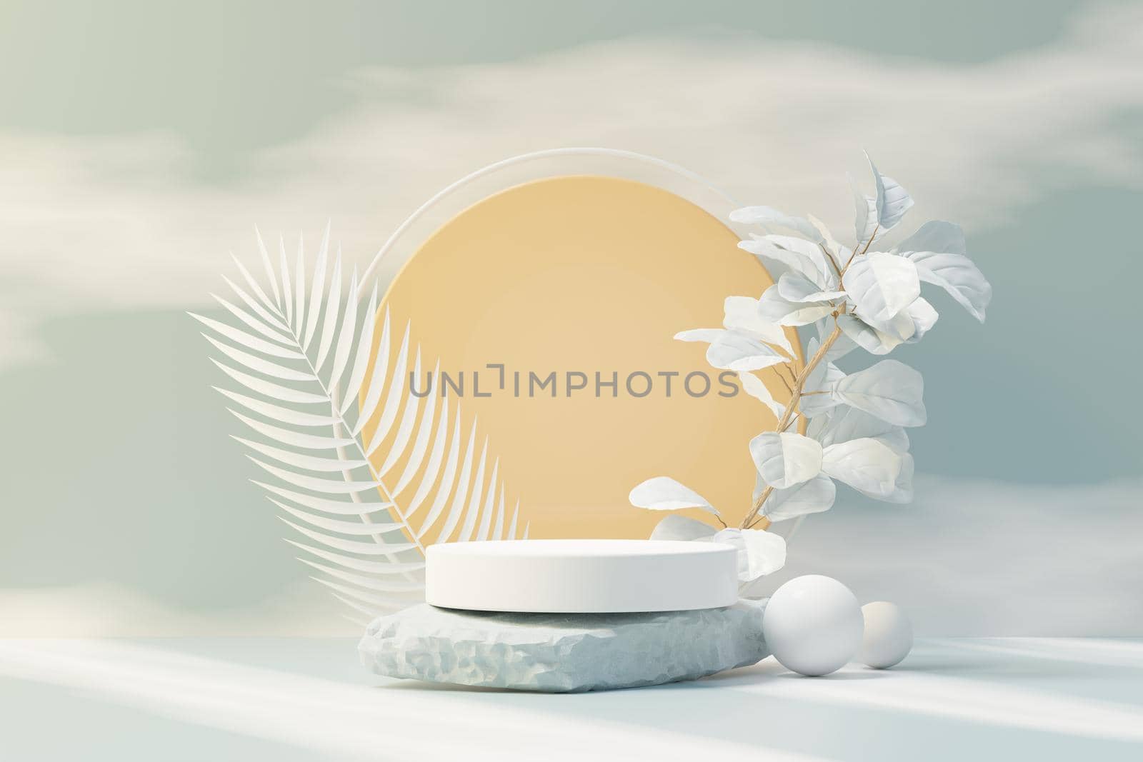 3d render of abstract pedestal podium display with Tropical leaves and Blue sky clouds pastel and plant scene. Product and promotion concept for advertising. Blue pastel natural background.