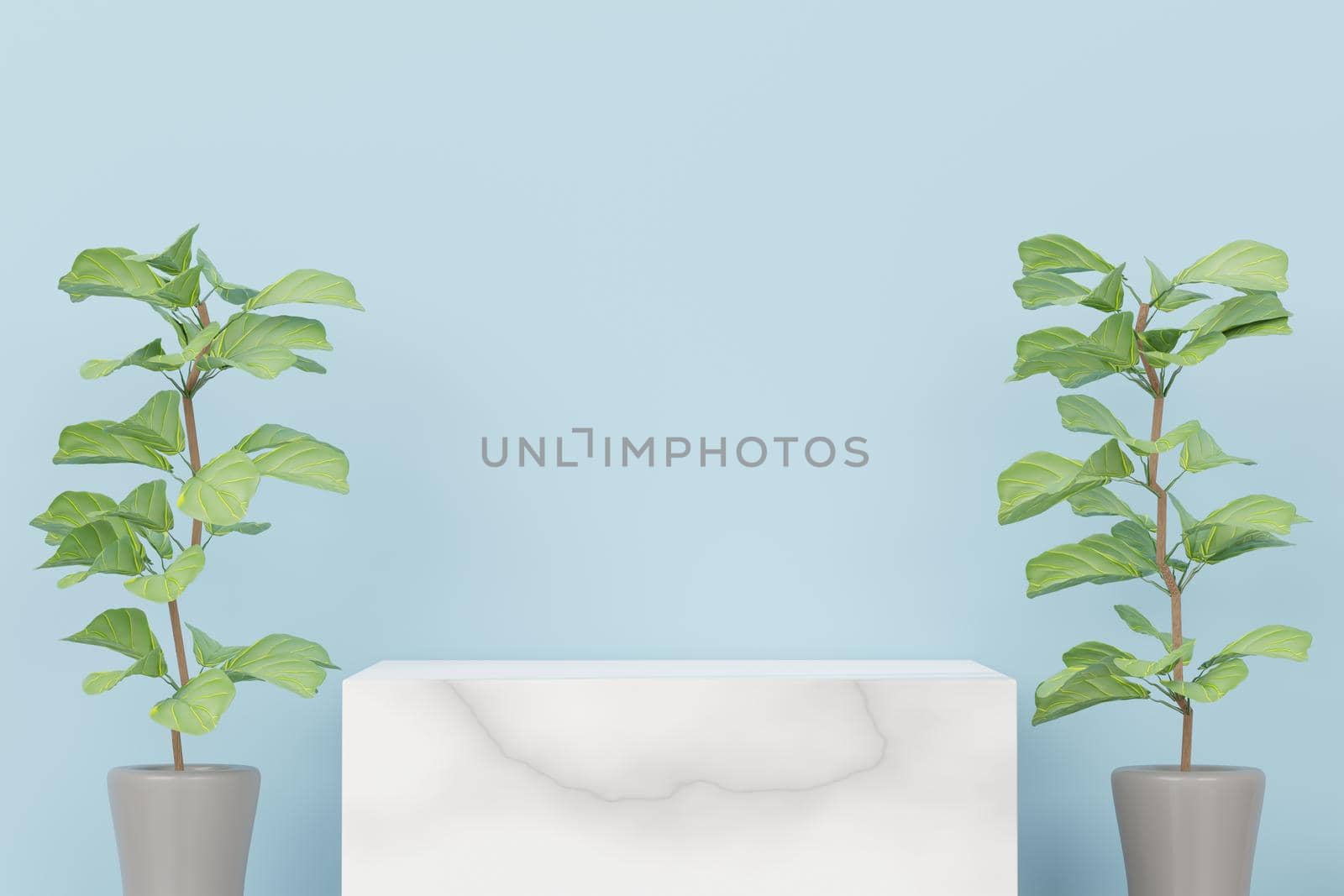 3d render of abstract pedestal podium display with Tropical leaves and Blue pastel plant scene. Product and promotion concept for advertising. Blue pastel natural background. by tanatpon13p