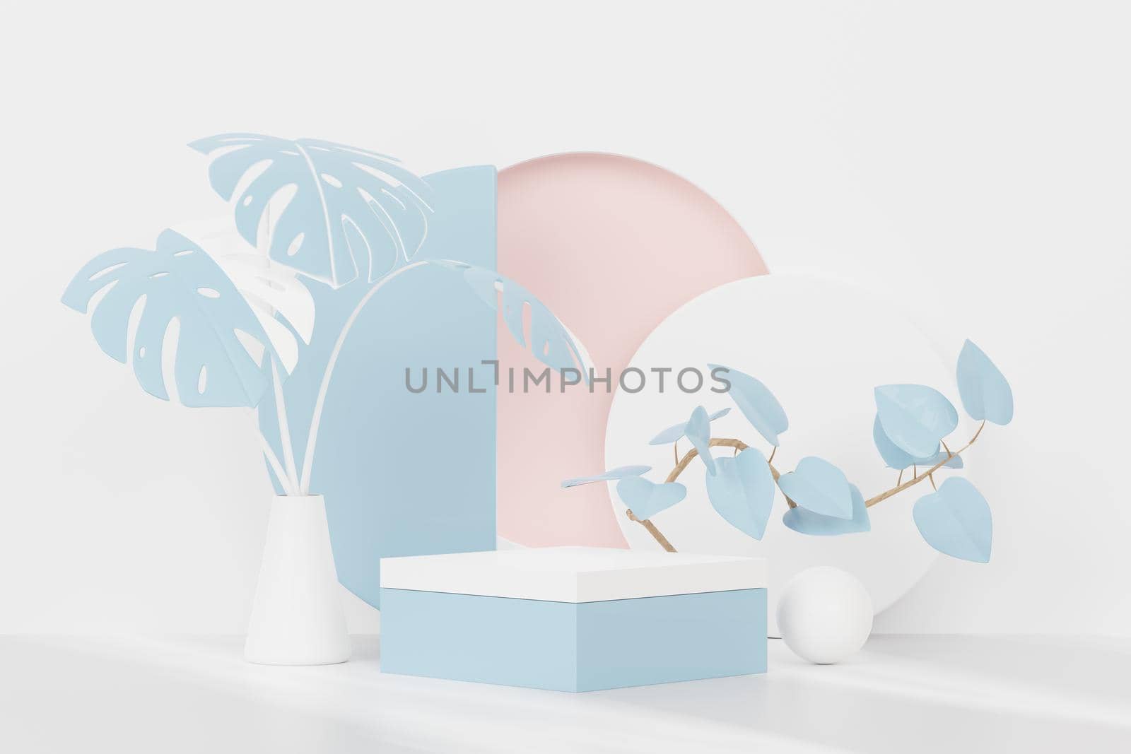 3d render of abstract pedestal podium display with Tropical leaves and Blue pastel plant scene. Product and promotion concept for advertising. Blue pastel natural background. by tanatpon13p