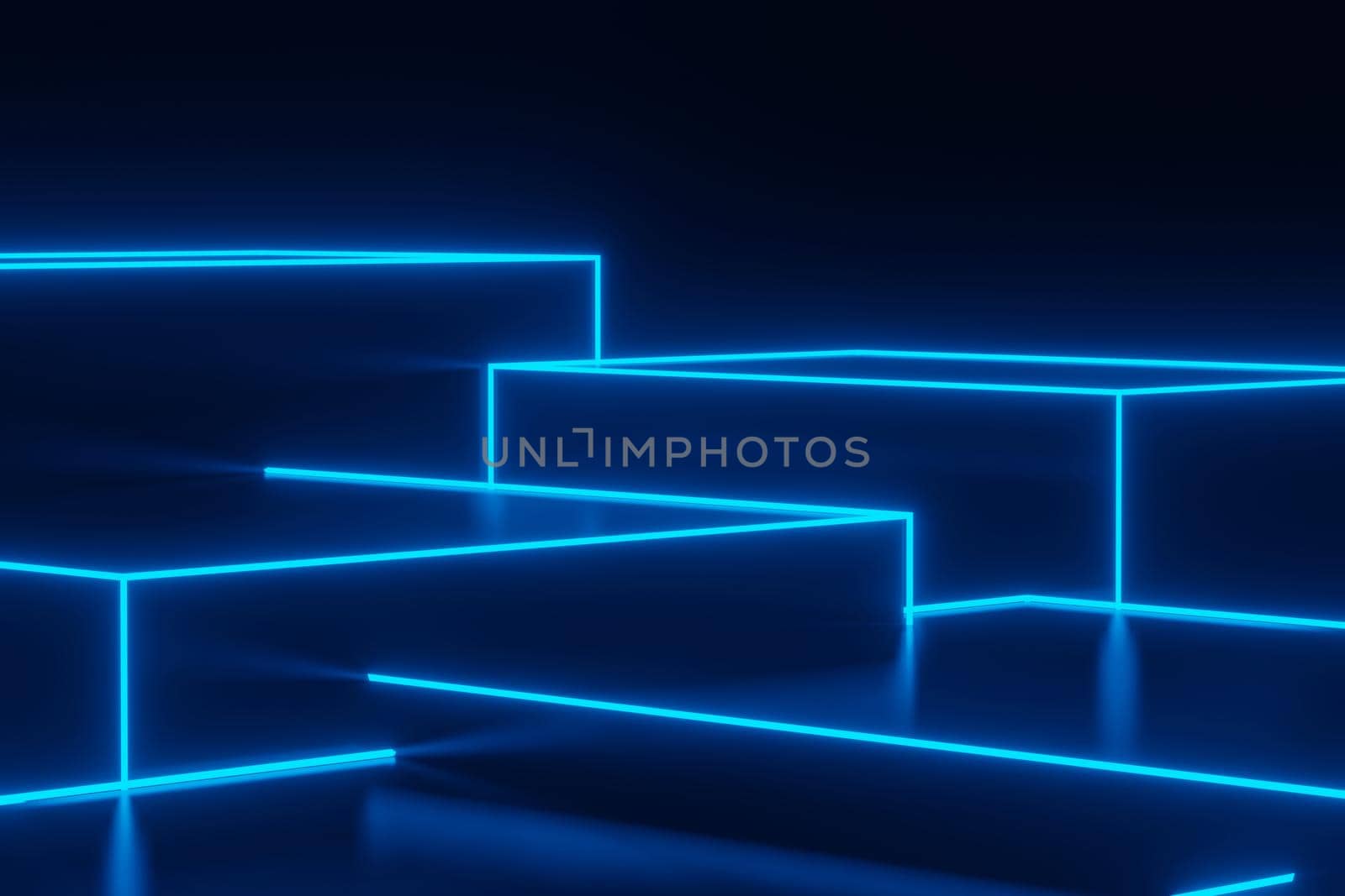 3d render of RGB neon light on darkness background. Abstract Laser lines show at night. Ultraviolet spectrum beam scene for mock up and web banner.