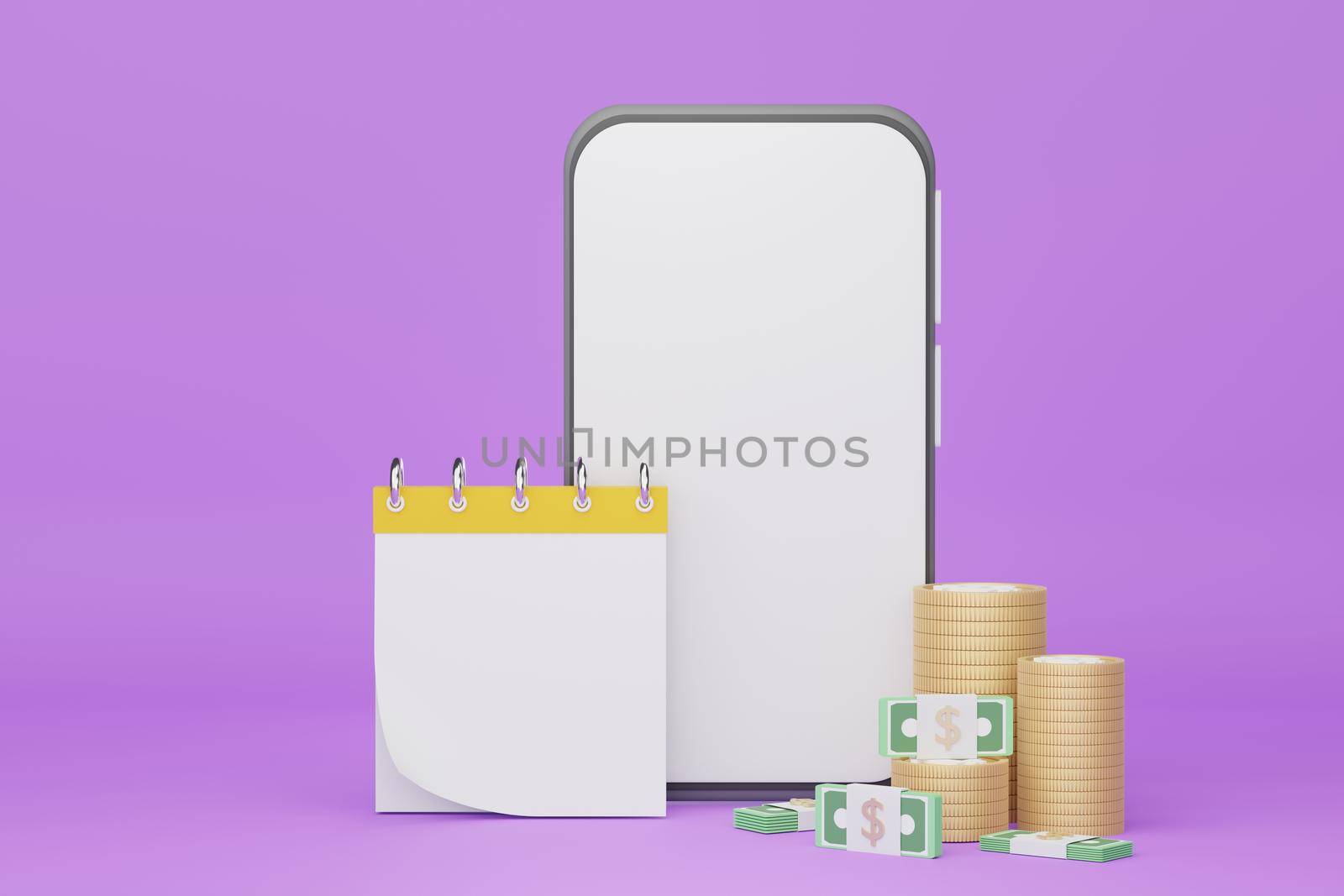 3d render stack of money and calendar with smartphone for mockup. by tanatpon13p