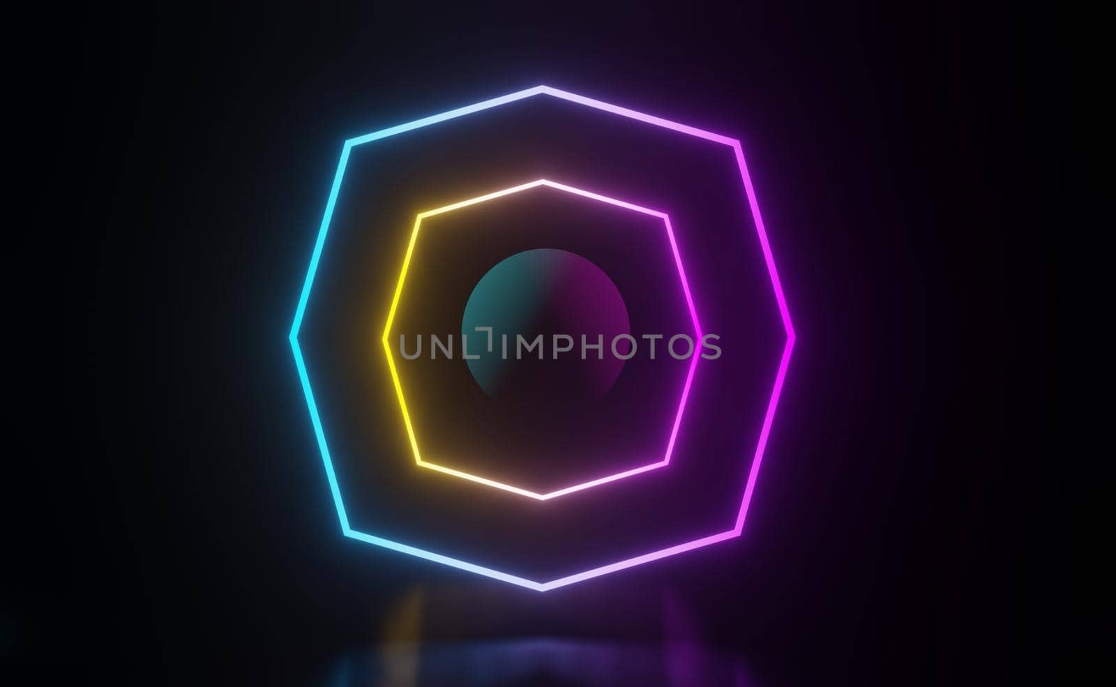 3d render of RGB neon light on darkness background. Abstract Laser lines show at night. Ultraviolet spectrum beam scene for mock up and web banner.