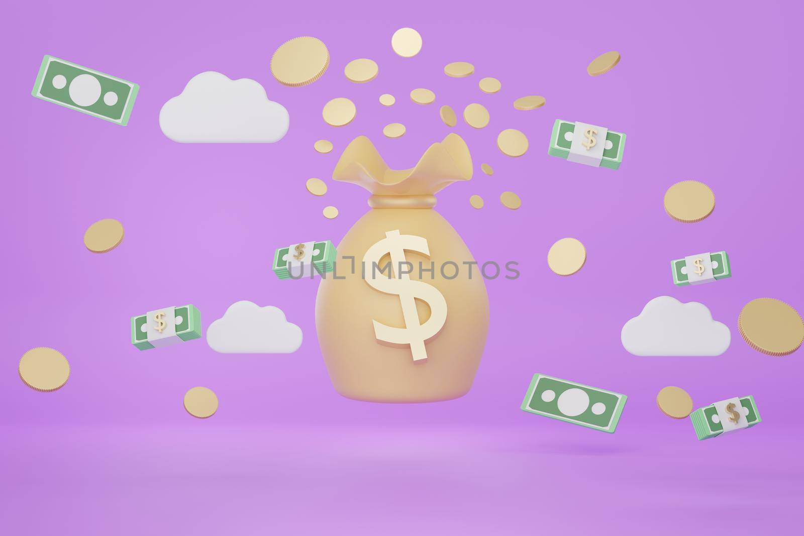 3d render of minimal money bag or coins purse that keeping coins and gold on purple background. by tanatpon13p