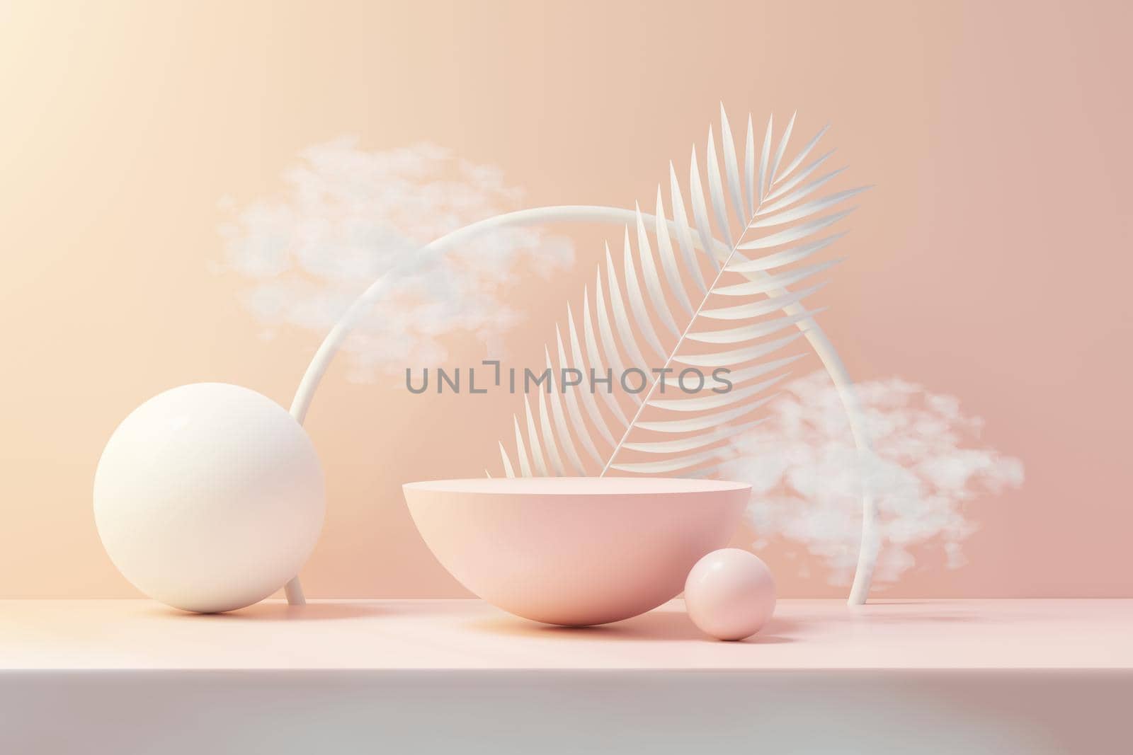 3d render of abstract pedestal podium display with Tropical leaves and coral pink pastel plant scene. Product and promotion concept for advertising. Blue pastel natural background. by tanatpon13p