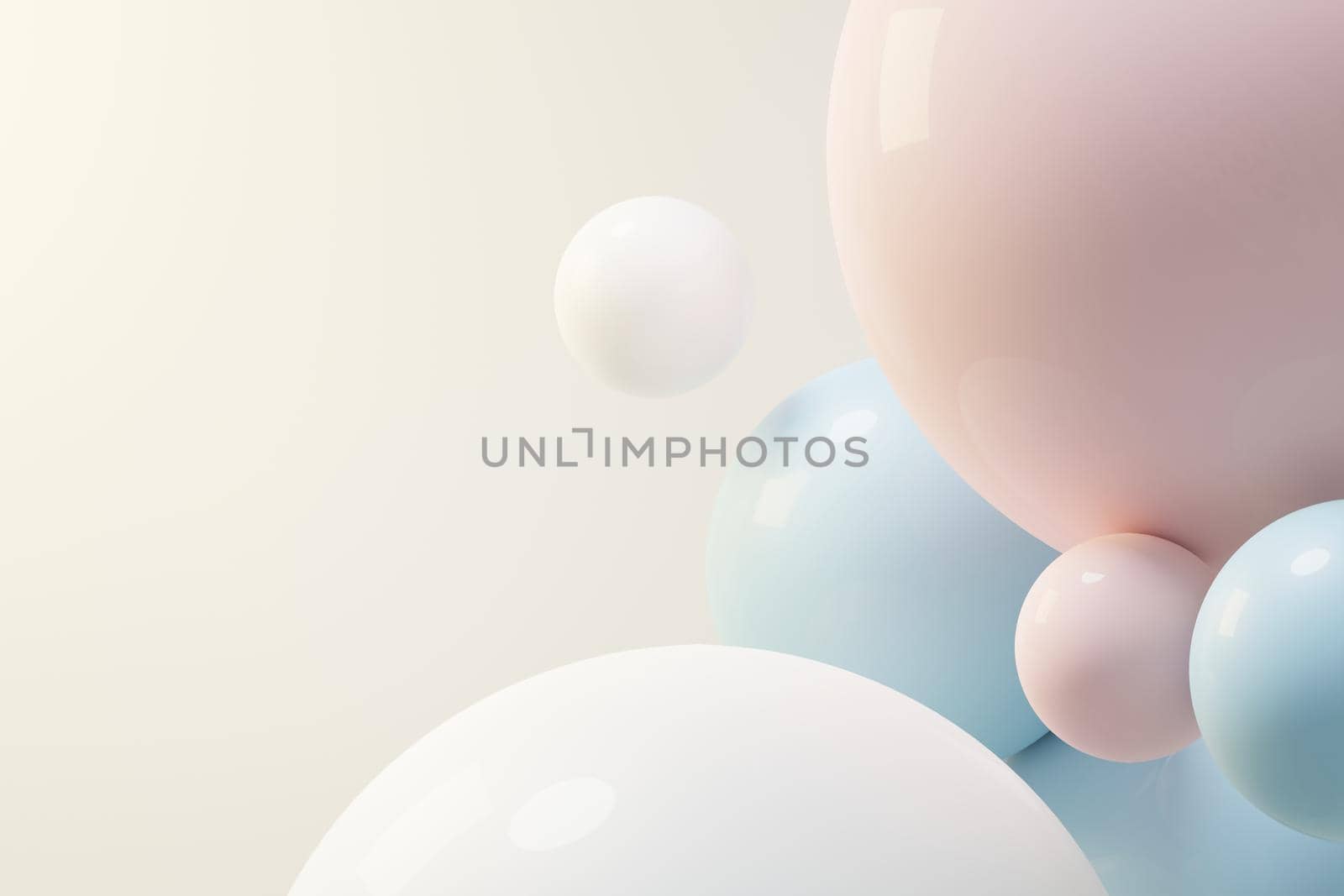 3d render of pastel ball, soaps bubbles, blobs that floating on the air isolated on pastel background. Abstract scene.