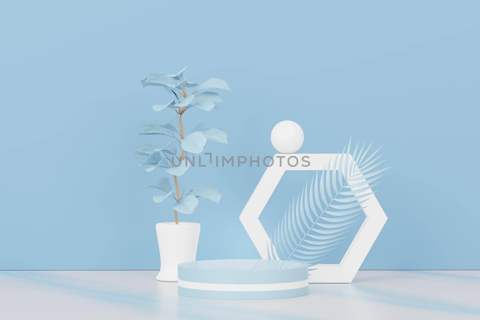 3d render of abstract pedestal podium display with Tropical leaves and Blue pastel plant scene. Product and promotion concept for advertising. Blue pastel natural background. by tanatpon13p