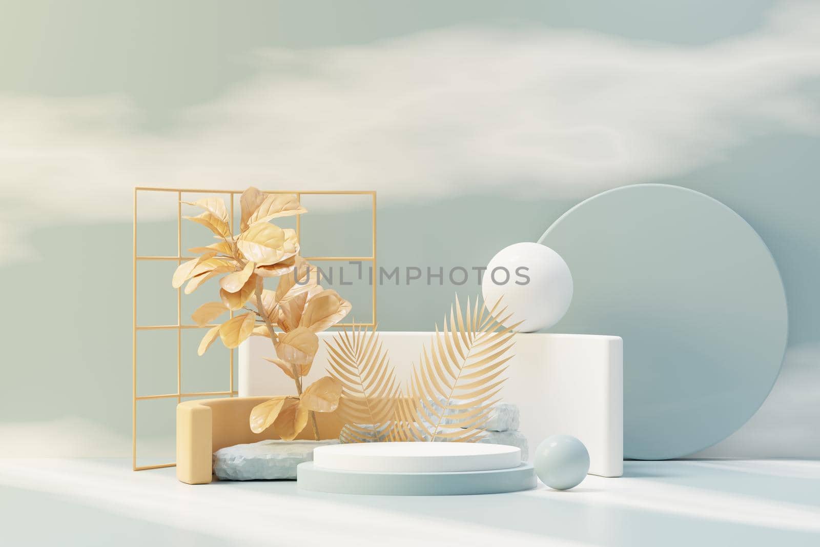 3d render of abstract pedestal podium display with Tropical leaves and Blue sky clouds pastel and plant scene. Product and promotion concept for advertising. Blue pastel natural background. by tanatpon13p