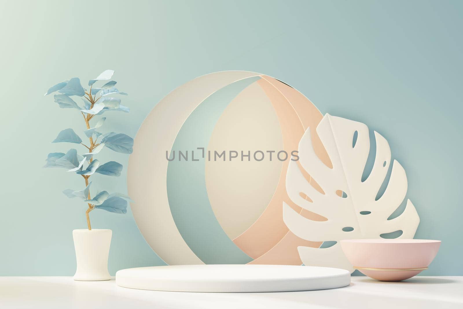 3d render of abstract pedestal podium display with Tropical leaves and Blue pastel plant scene. Product and promotion concept for advertising. Blue pastel natural background.