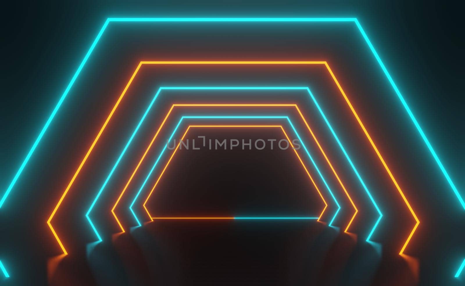 3d render of RGB neon light on darkness background. Abstract Laser lines show at night. Ultraviolet spectrum beam scene for mock up and web banner.