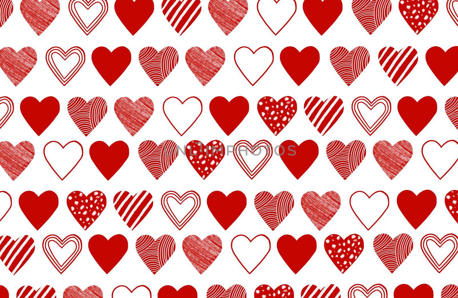 Hand drawn red hearts illustration. Bright pattern for Saint Valentine's day by lavsketch