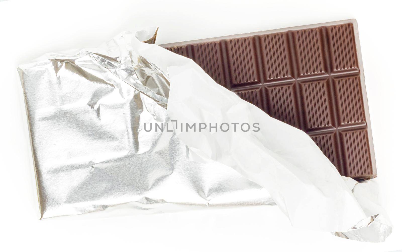Discarded chocolate bar isolated on white background