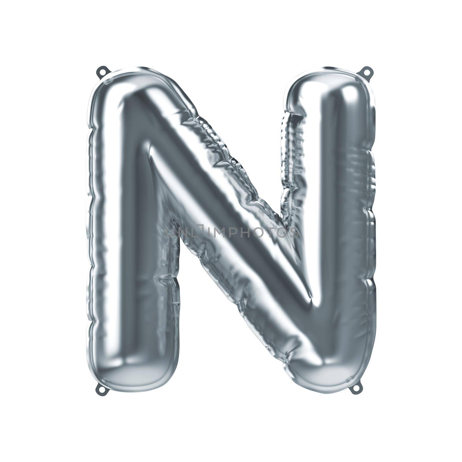 3D Render of silver inflatable foil balloon letter N. Party decoration element. Gray character isolated on white background. New year celebration postcard part. Graphic element sign for web design