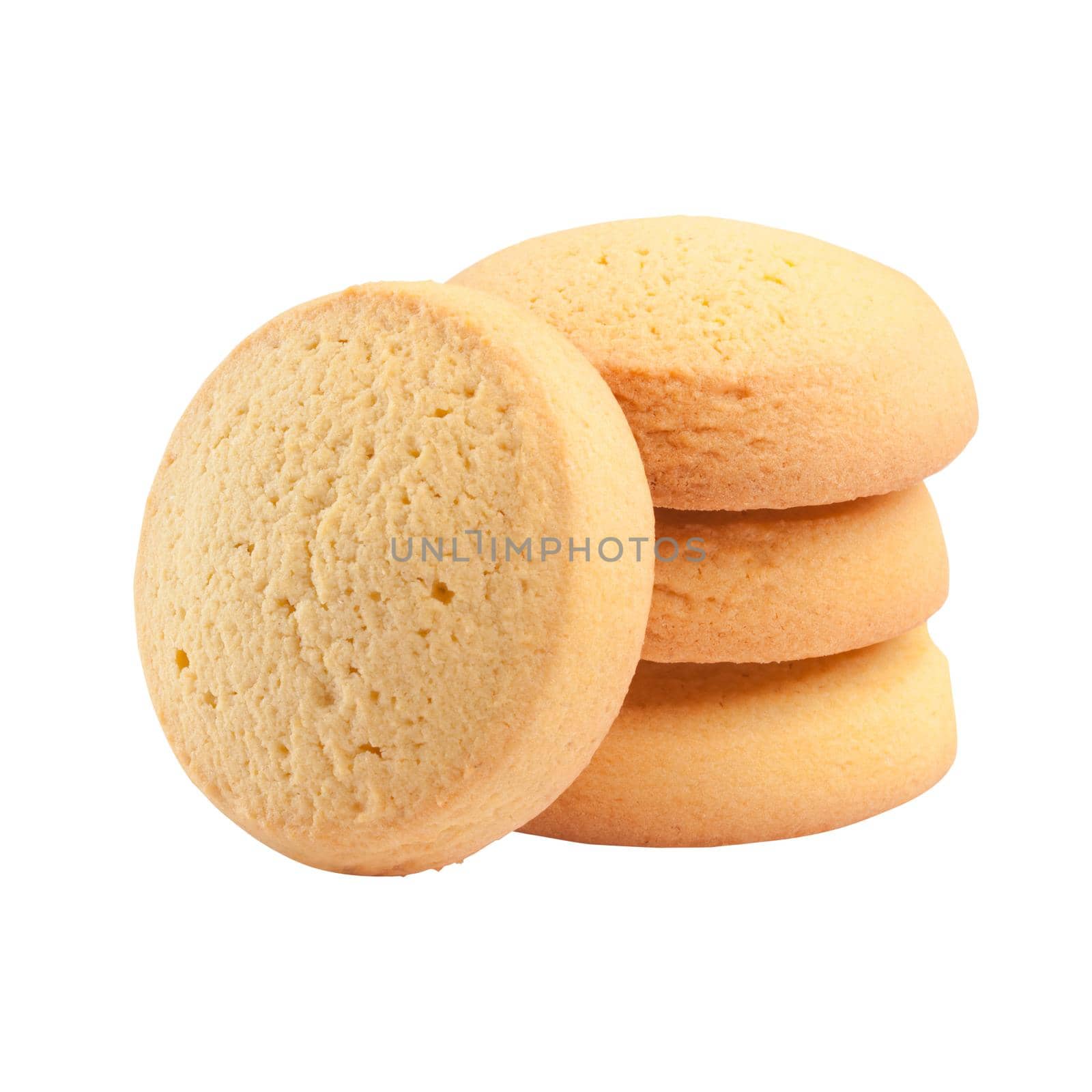 Stack of delicious crispy round butter cookies isolated on white background. Popular sweet pastries