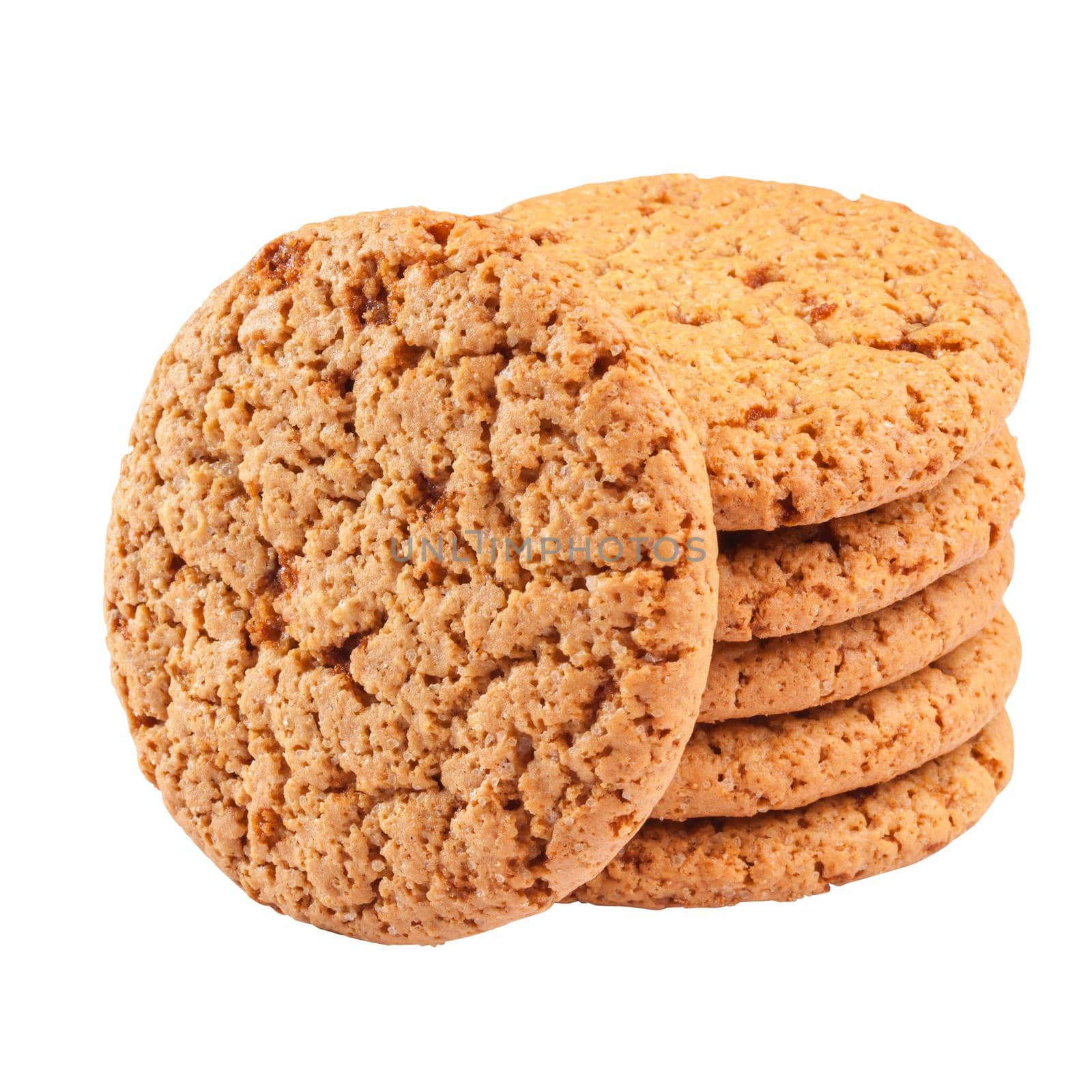 Closeup of delicious oatmeal cookies stacked isolated on white background. Popular sweet snacks