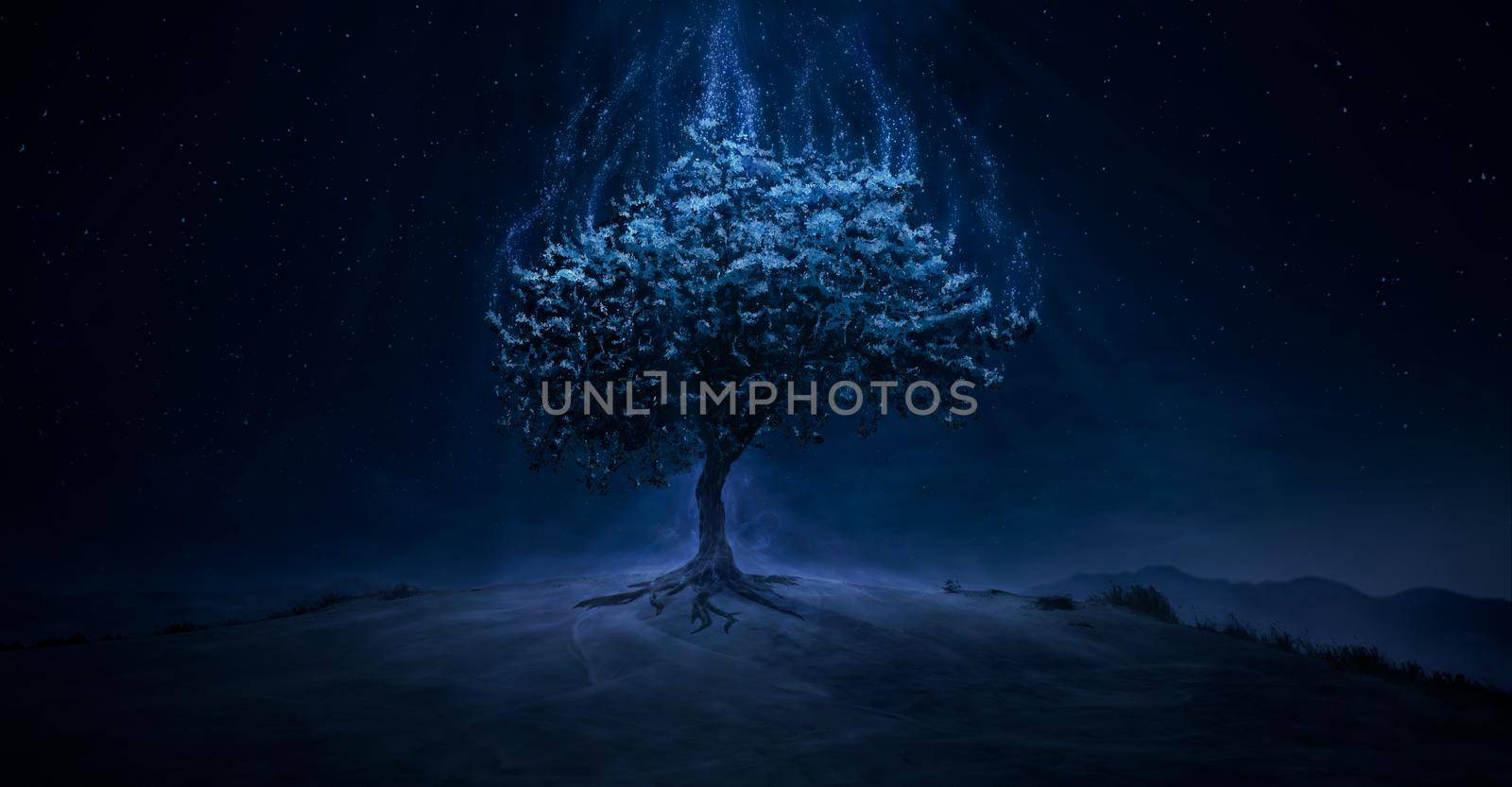 Illustration of a shining mystical magic tree on the hilltop