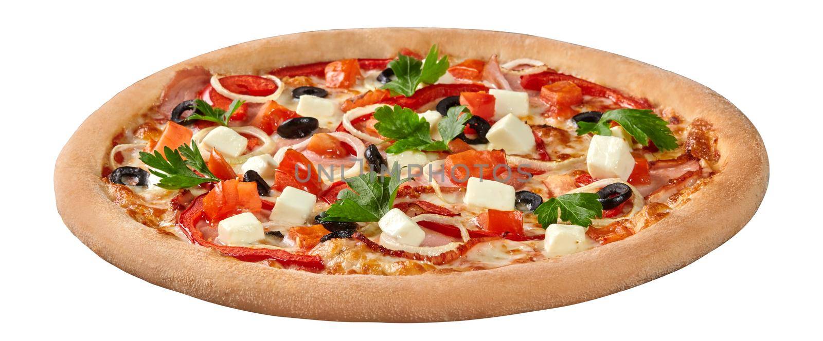 Pizza with creamy cheese sauce, ham, mozzarella, tomatoes, bell peppers, onions, parsley and black olives by nazarovsergey