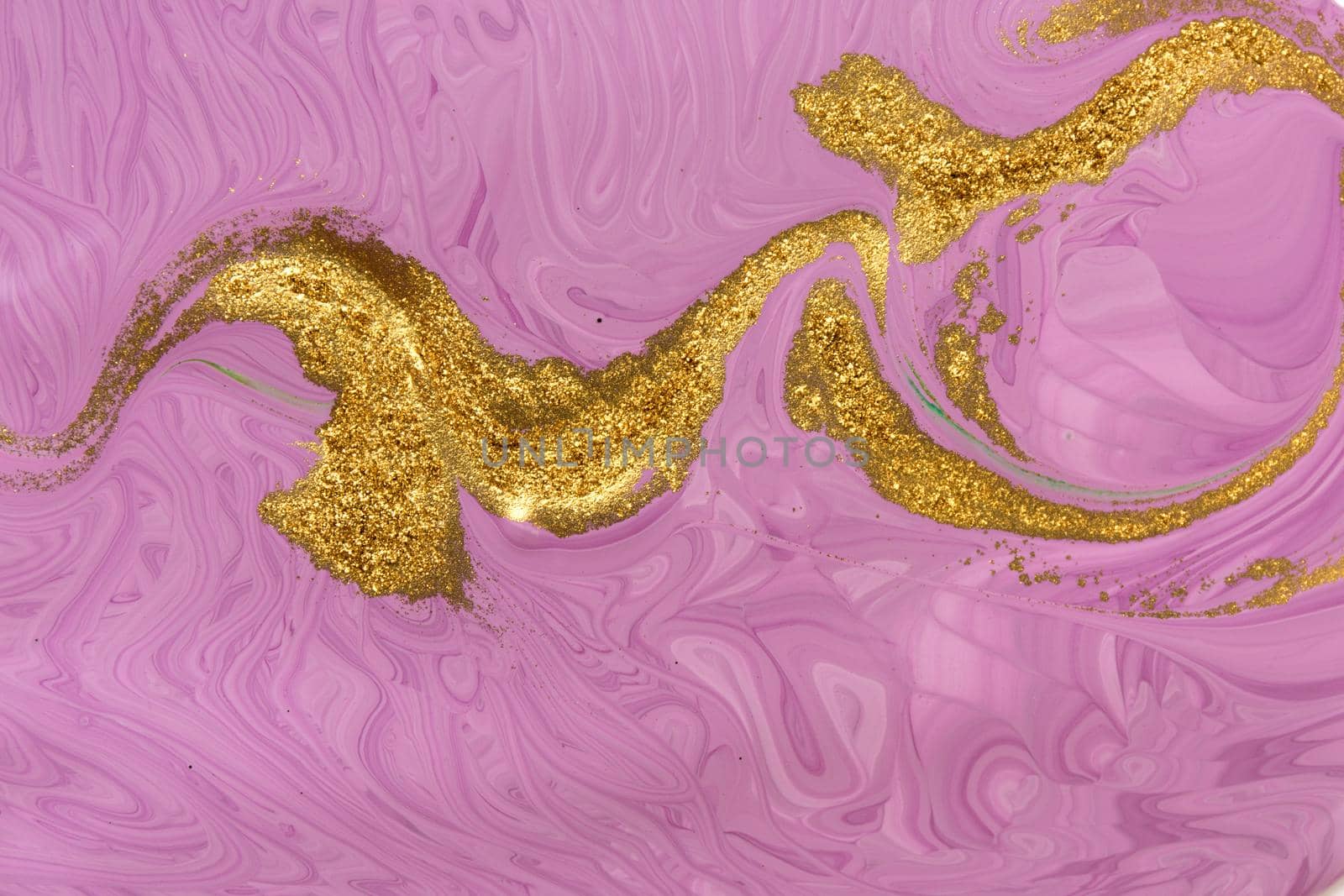 Gold dust pattern on flow purple paints background. Abstract print.