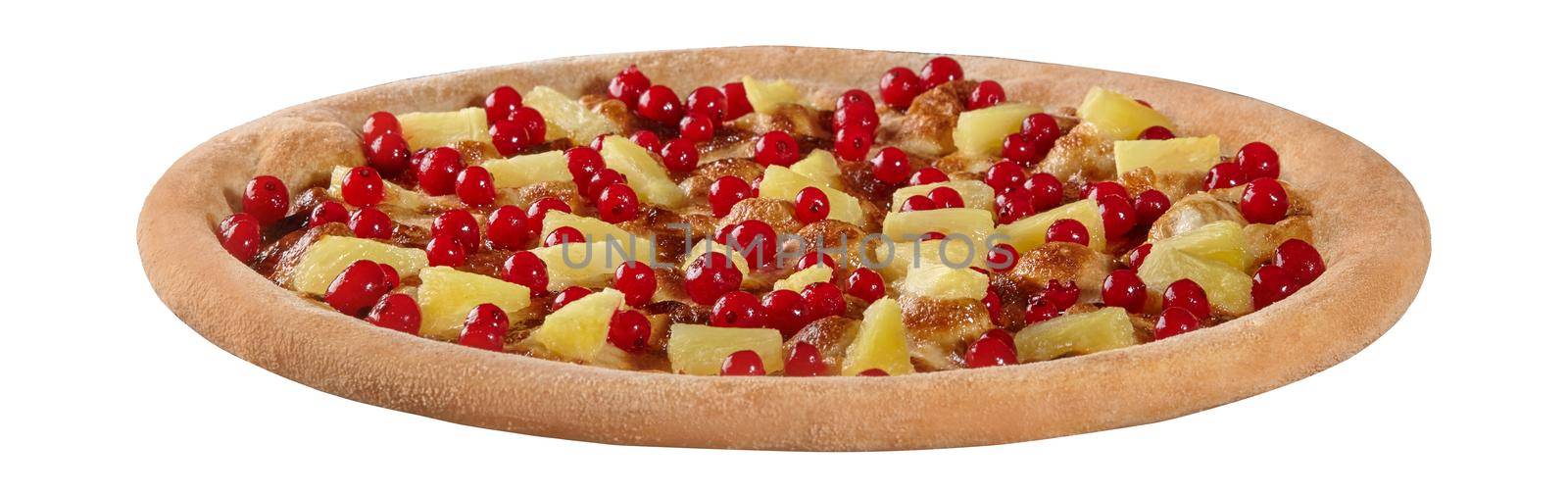 Pizza-shaped open pie with red currants, pineapple, melted mozzarella and condensed milk isolated on white by nazarovsergey