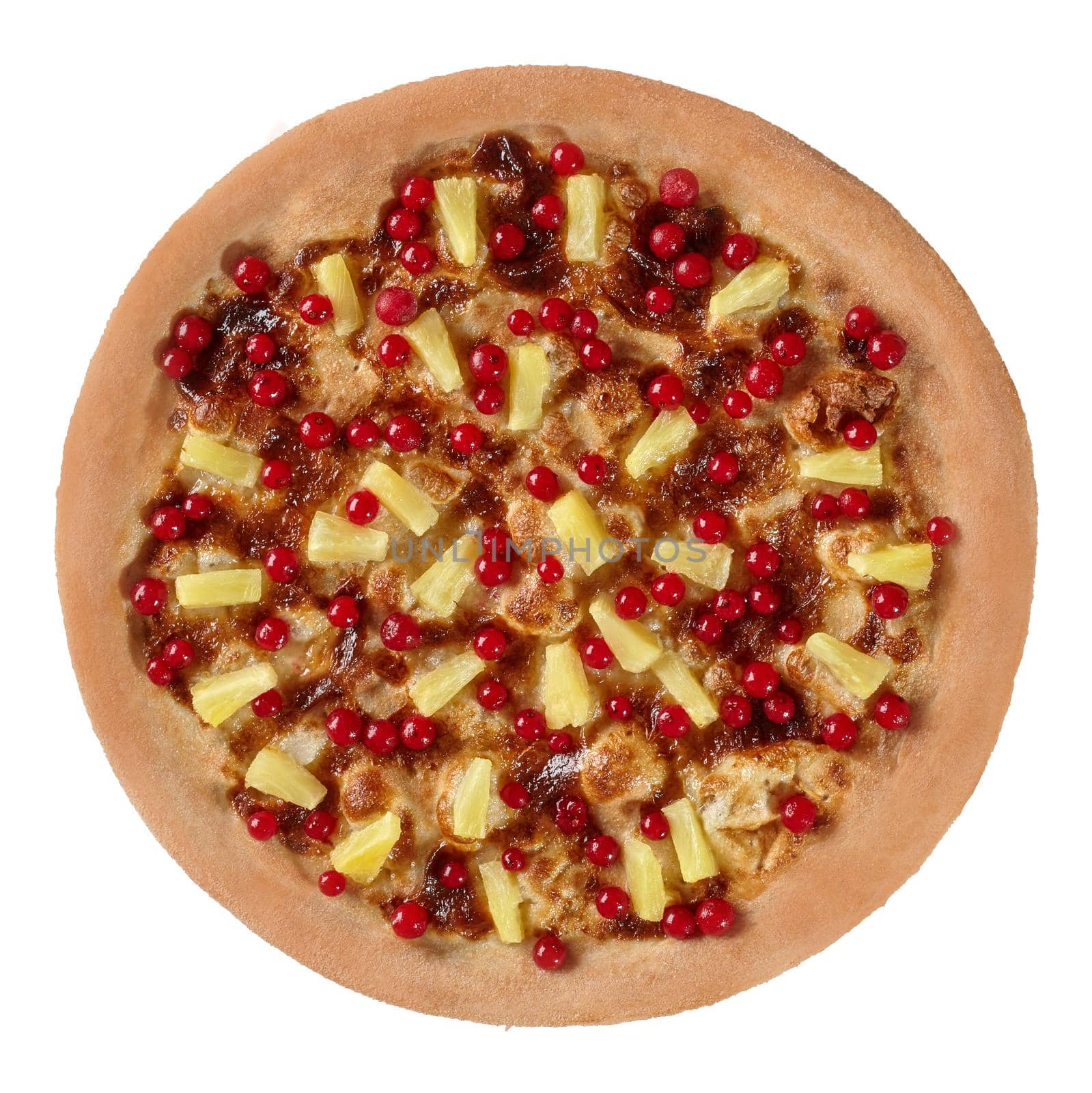 Delicious pizza for sweet lovers with condensed milk and melted mozzarella, ripe red currant berries and pineapple pieces isolated on white, top view. Perfect Italian style tea treat
