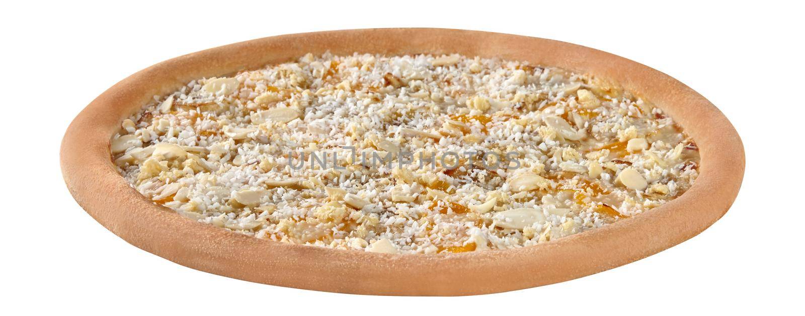 Sweet pizza with condensed milk, banana, peach, coconut shavings and almond flakes by nazarovsergey