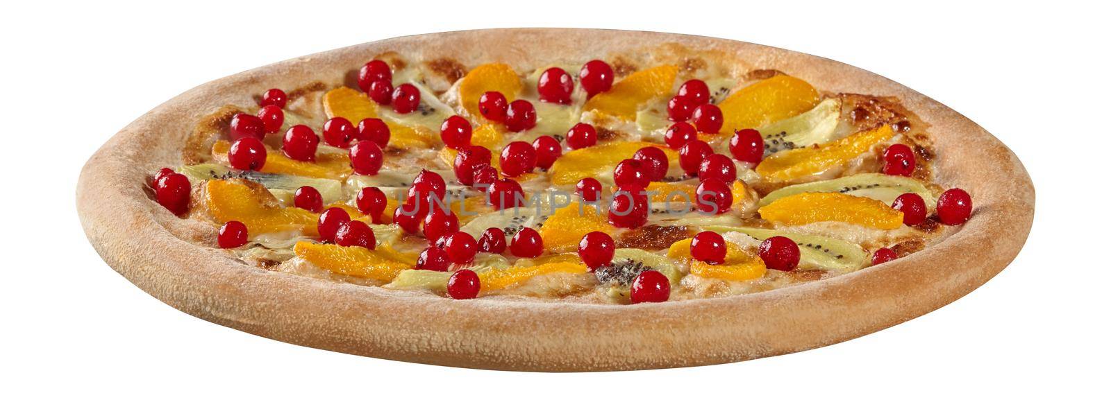 Fruit pizza with cream cheese sauce, condensed milk, peaches, kiwi and red currants by nazarovsergey