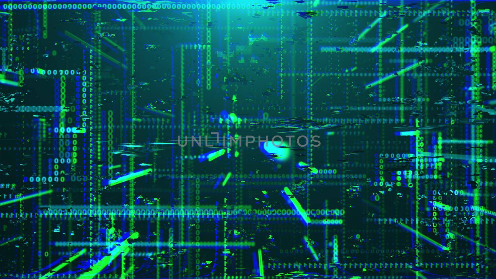 Transmission corruption 3d data render in cyber structure of matrix information. Static failure with decaying web computer decor effects. Hacker intervention in system.