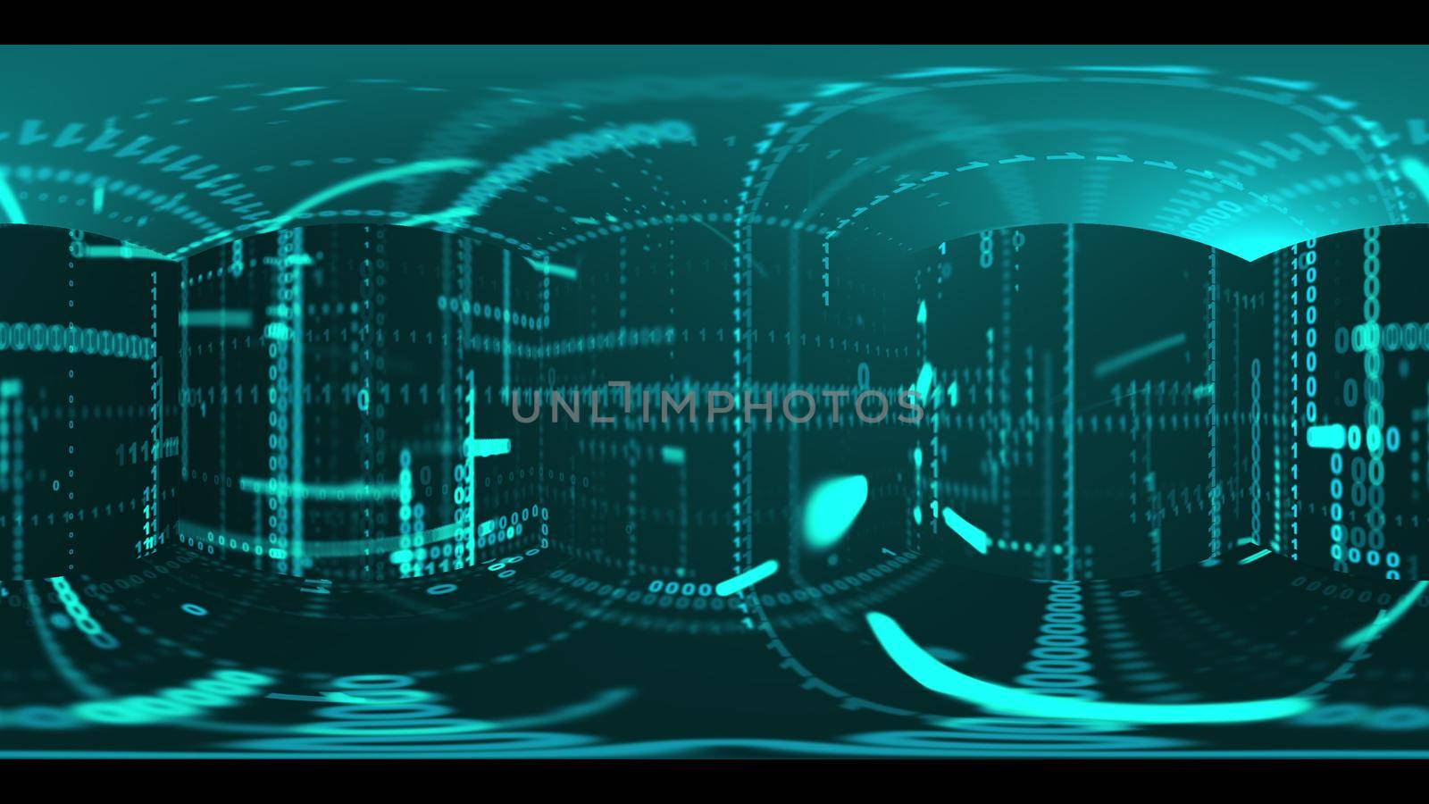 Panoramic view of data matrix code in 3d render volumetric futuristic design. Cyber columns with incoming information on servers with swirl of information processing and web lines of numbers.