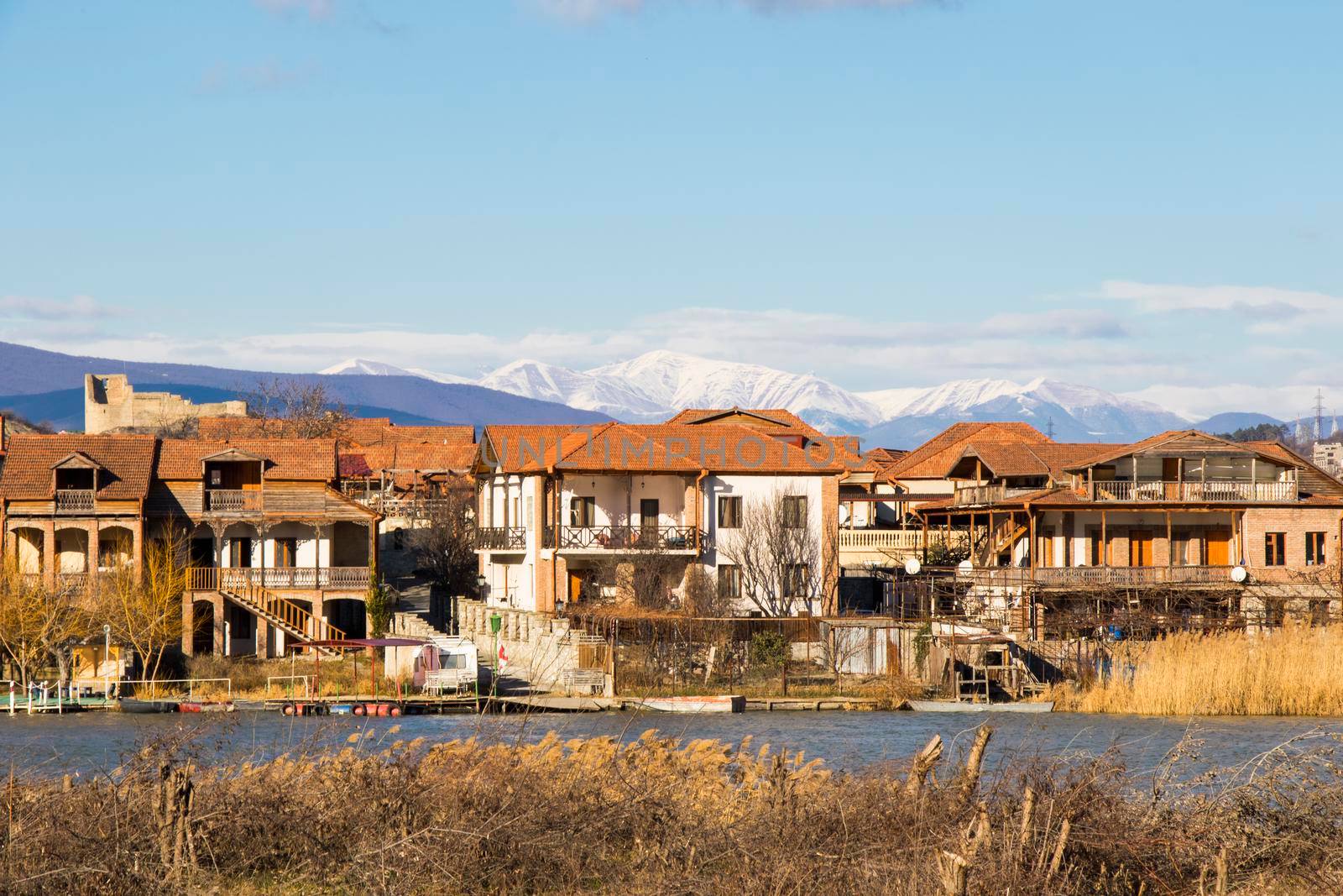 Mtskheta, Georgia - January 14, 2022: Old famous town in Georgia, Mtskheta. Old houses travel destination.