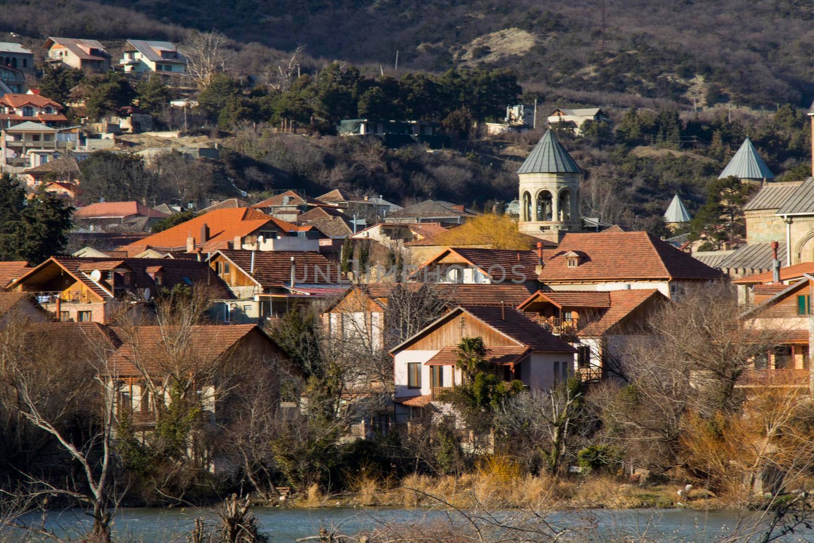 Mtskheta, Georgia - January 14, 2022: Old famous town in Georgia, Mtskheta. Old houses travel destination.