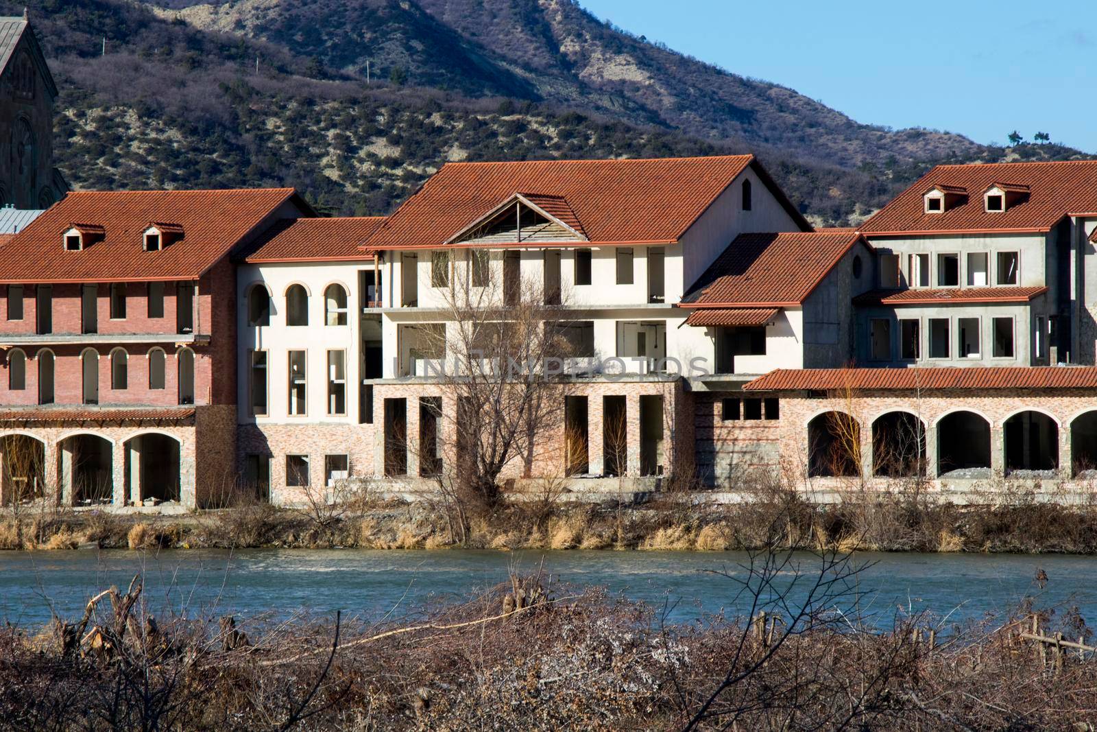 Mtskheta, Georgia - January 14, 2022: Old famous town in Georgia, Mtskheta. Old houses travel destination.