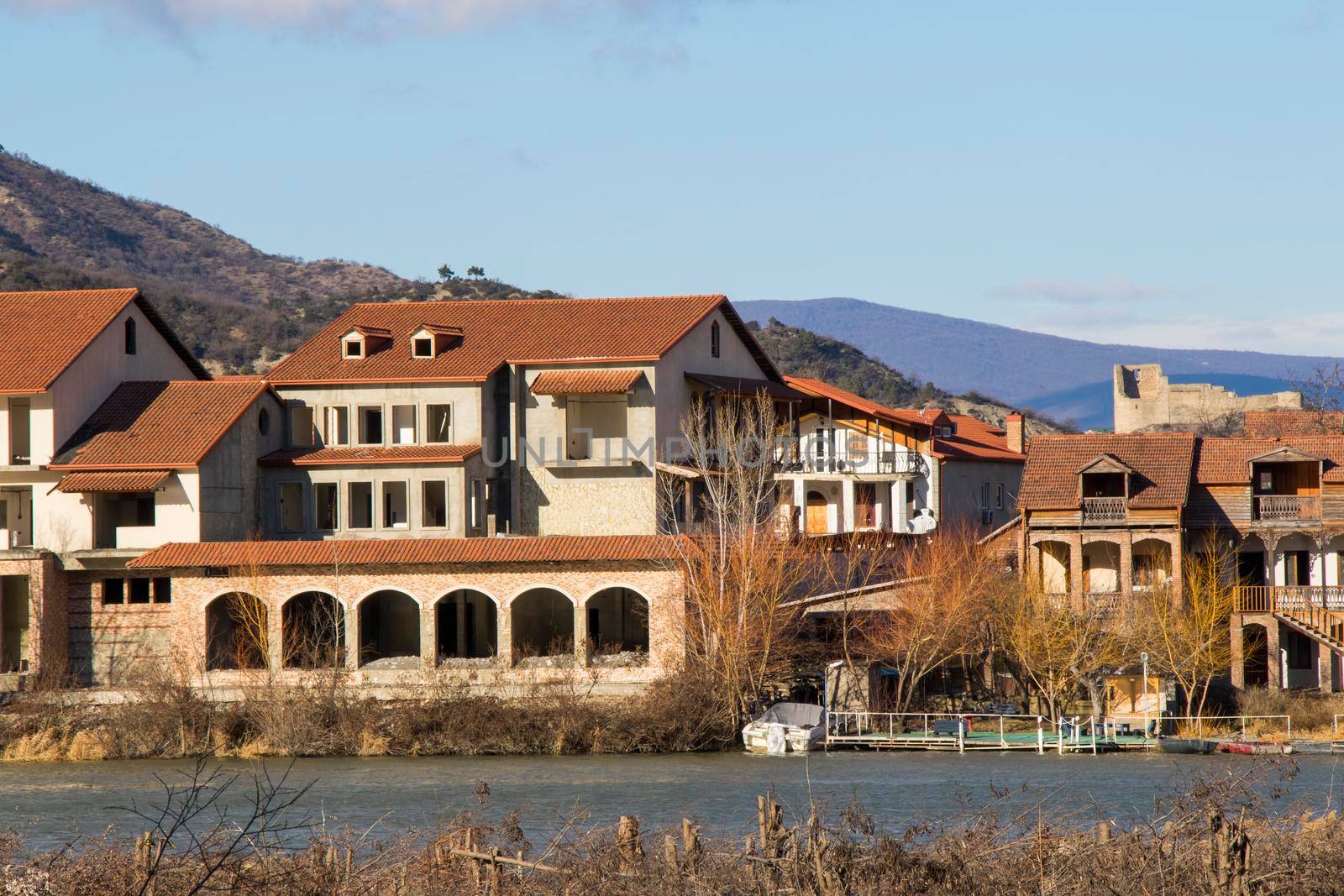 Mtskheta, Georgia - January 14, 2022: Old famous town in Georgia, Mtskheta. Old houses travel destination.