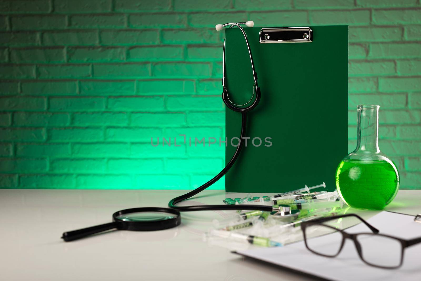 doctor's medical instruments are on the table