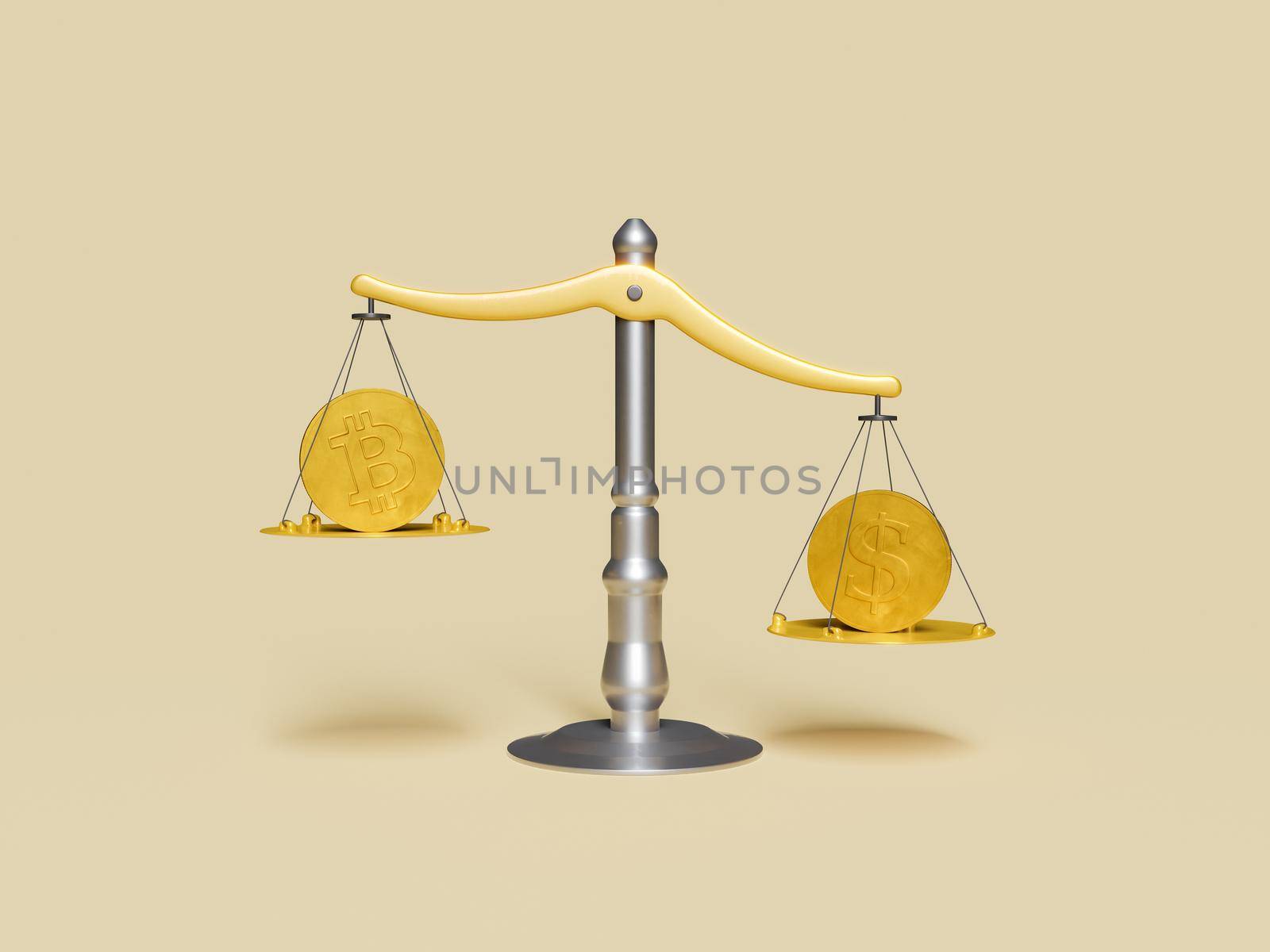 scale with a dollar coin on the heavier side and a bitcoin coin on the lighter side. concept of economy, cryptocurrencies, balance and investment. 3d rendering