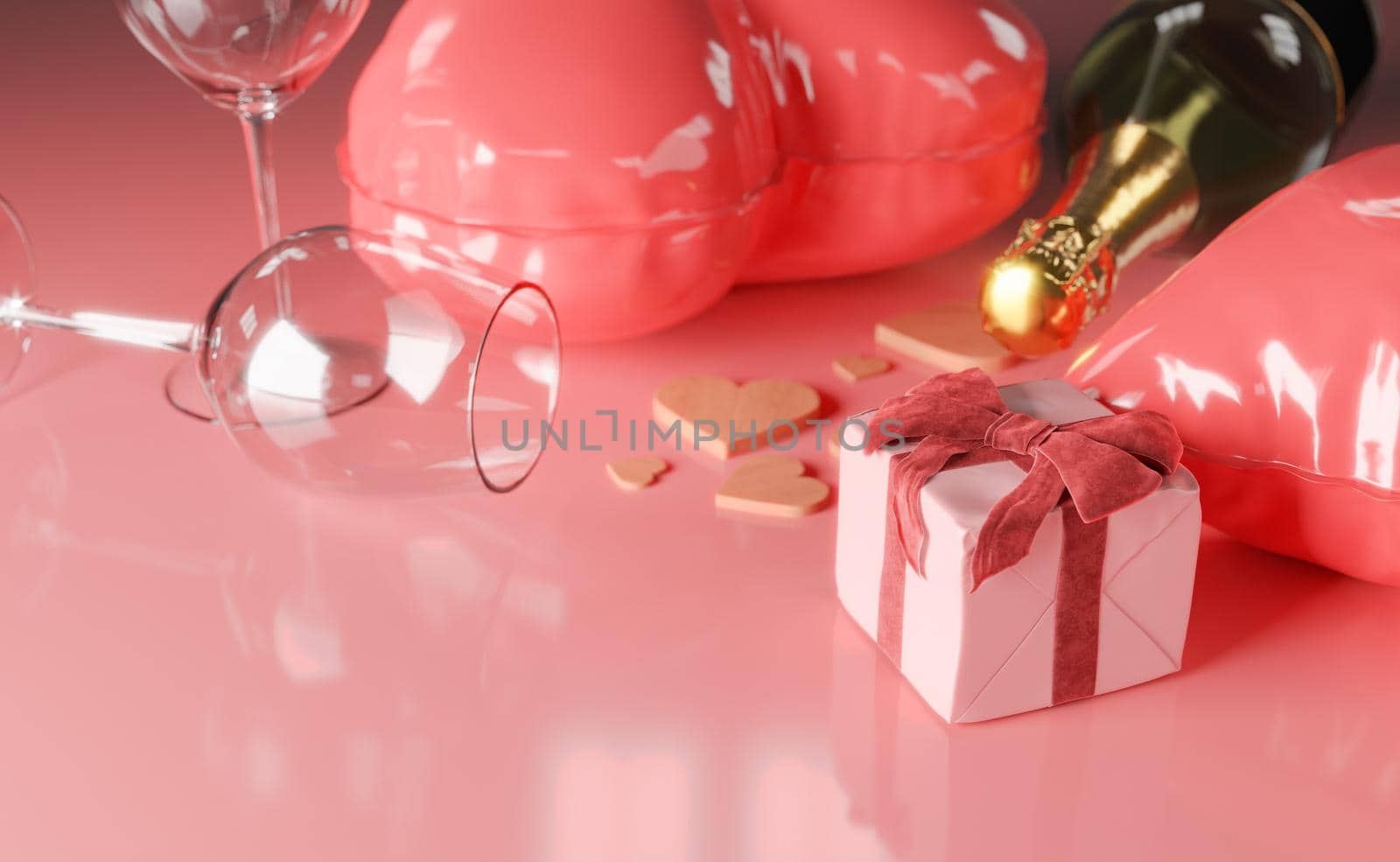 close up of a gift box with a velvet ribbon and glasses, champagne bottle and heart balloons. concept of valentine, celebration, marriage, dating, love and passion. 3d rendering