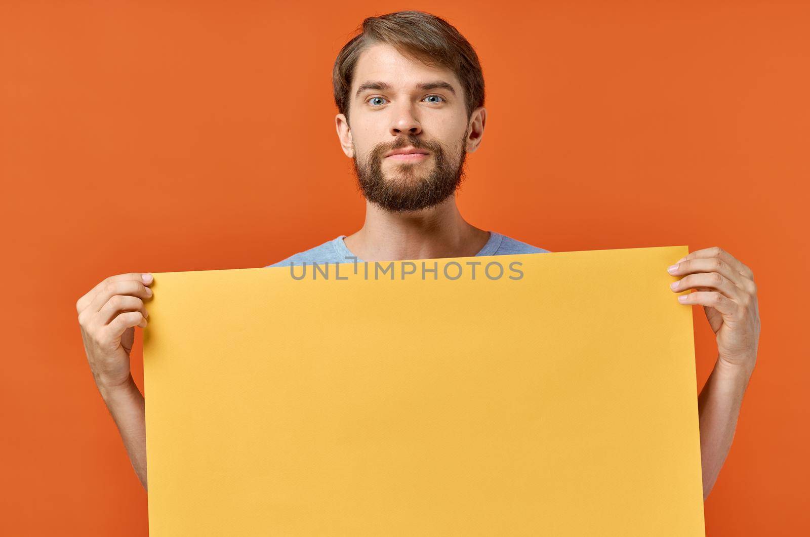 funny man yellow mockup poster discount isolated background. High quality photo