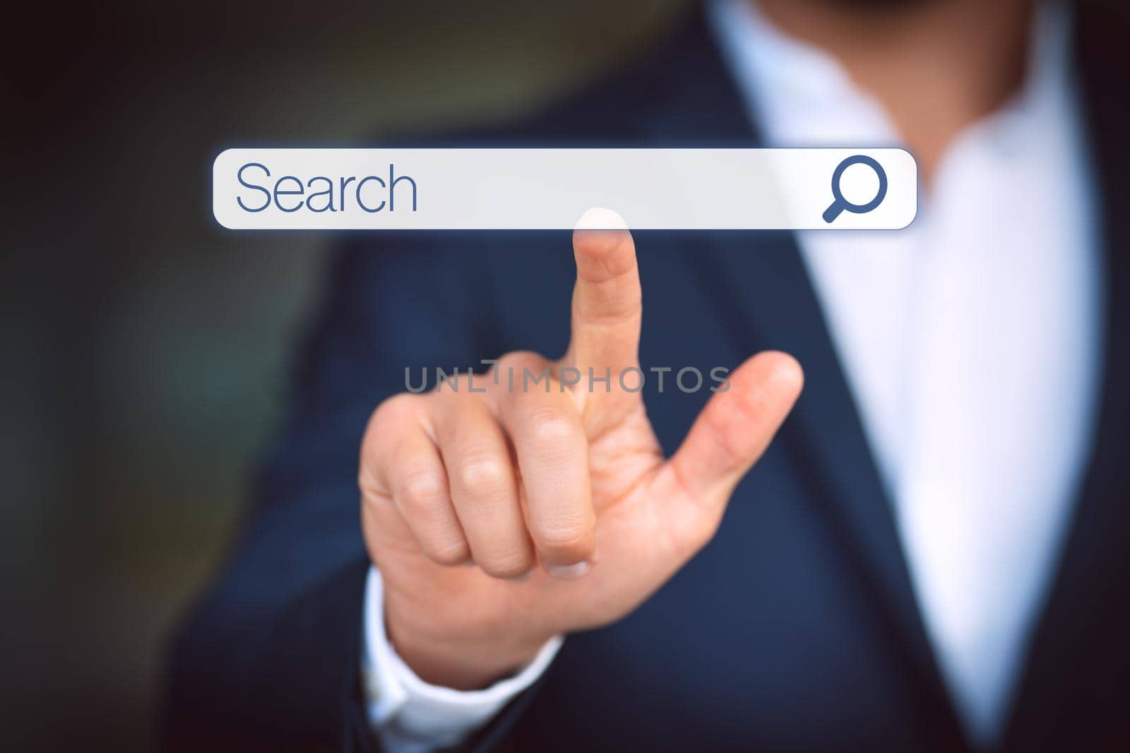 Businessman clicking internet search bar. Online search. Searching browsing internet data information. Networking concept. High quality photo