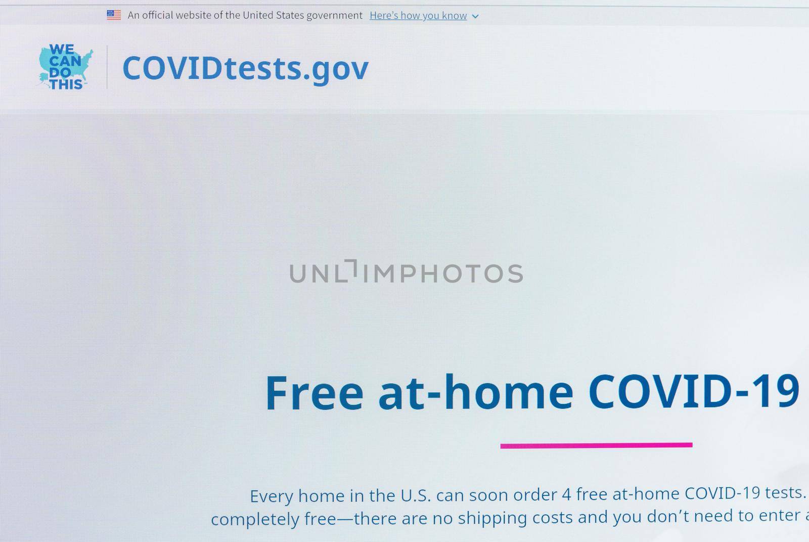 Morgantown, WV - 14 January 2022: Screen shot of the new federal government website for ordering the free at-home Covid-19 tests